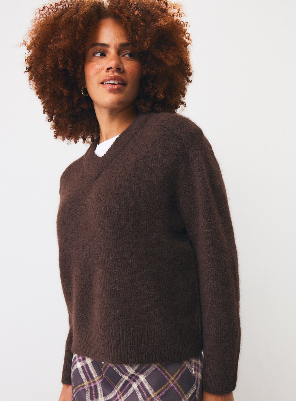 Dark Brown Boxy V-Neck Saddle Shoulder Jumper XL - Image 1 thumbnail
